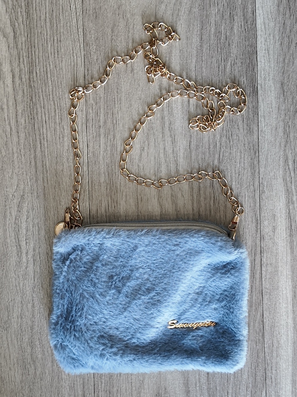 Blue Faux Fur Chain Crossbody Bag -